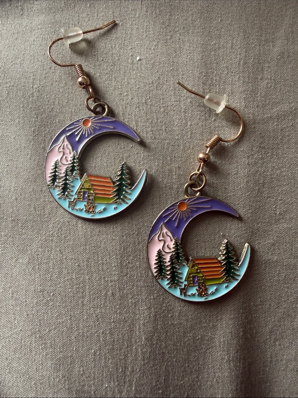 Cabin Moon Enamel Drop Earrings — Purple, Teal, Orange